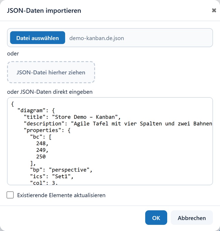 Dialog „JSON-Daten importieren“ mit ausgewählter Datei und Vorschau im Textfeld
