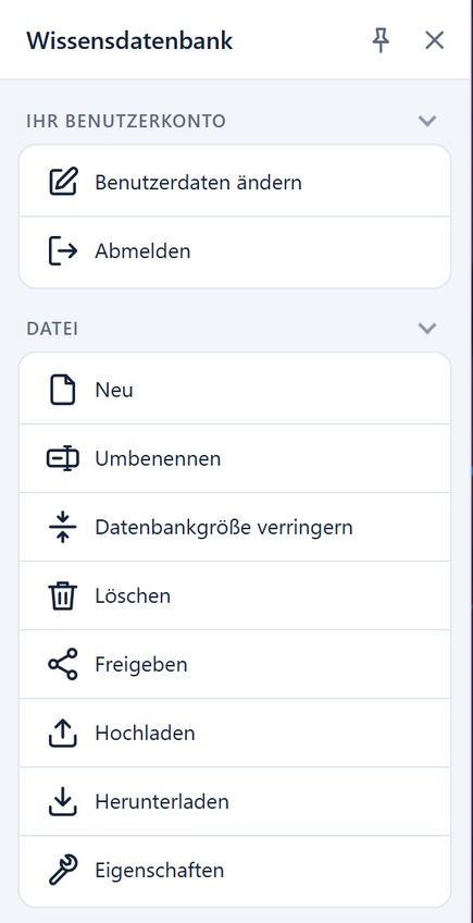 Menü Wissensdatenbank mit den Bereichen Datei, Zuletzt geöffnet und Import / Export