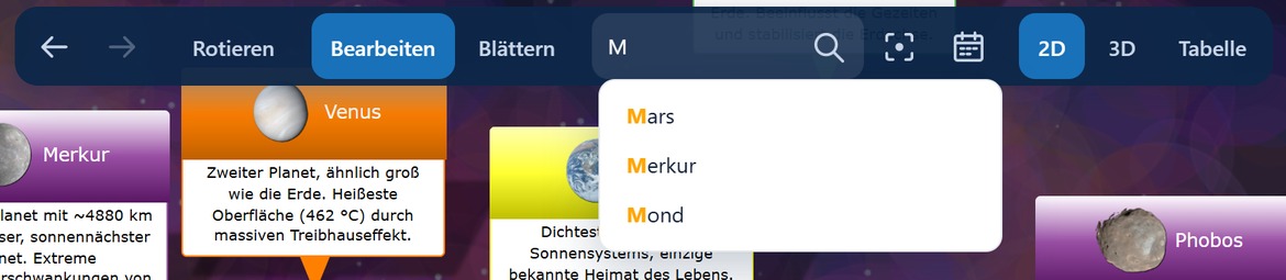 Schnellsuche in der Symbolleiste mit Vorschlagsliste