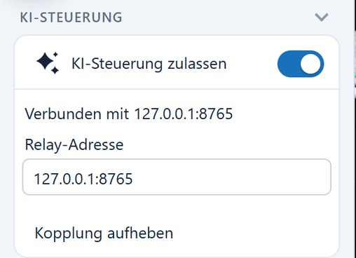Abschnitt KI-Steuerung im Menü Werkzeuge: eingeschaltet und mit dem Hilfsprogramm verbunden