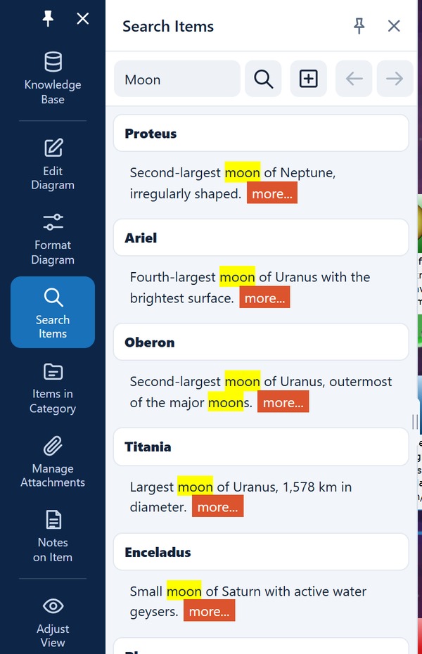Search Items panel with the results for Moon