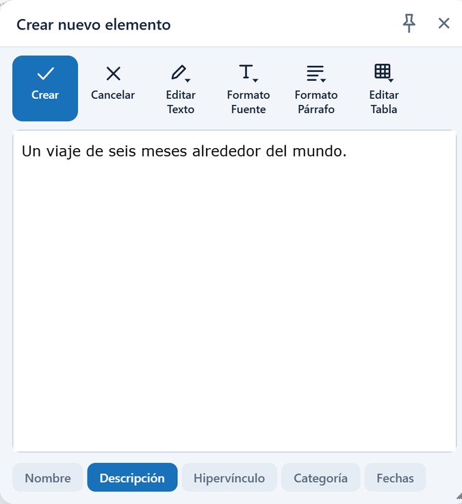 Pestaña Descripción con una breve descripción