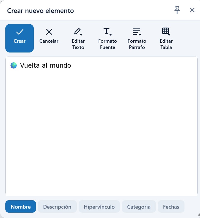 Diálogo Crear nuevo elemento en la pestaña Nombre con la entrada Vuelta al mundo