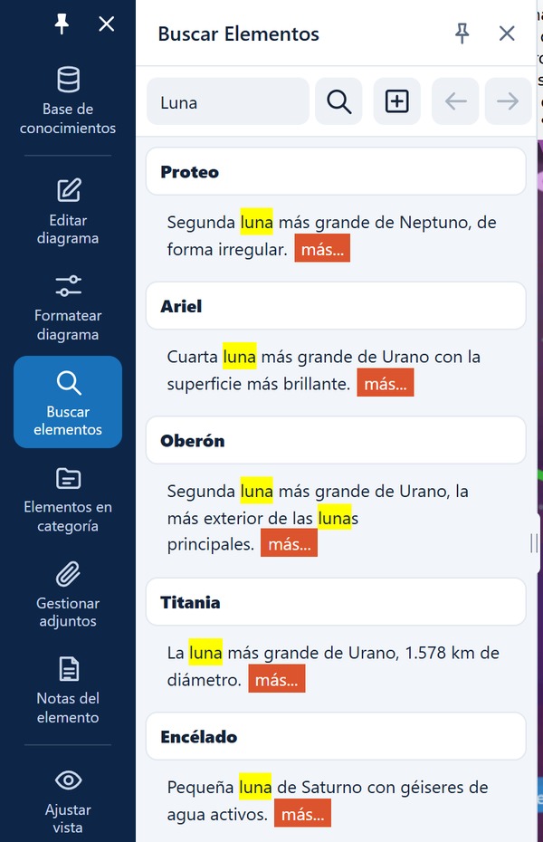 Panel Buscar elementos con los resultados para Luna