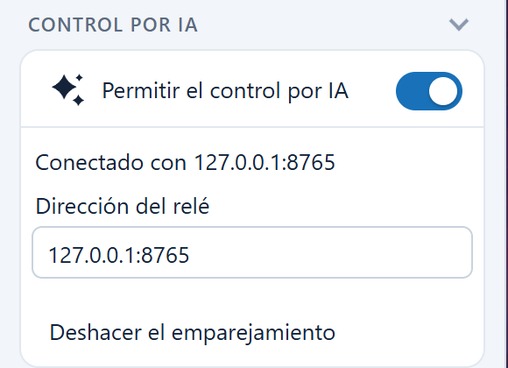 Sección Control por IA en el menú Herramientas: activado y conectado al relé
